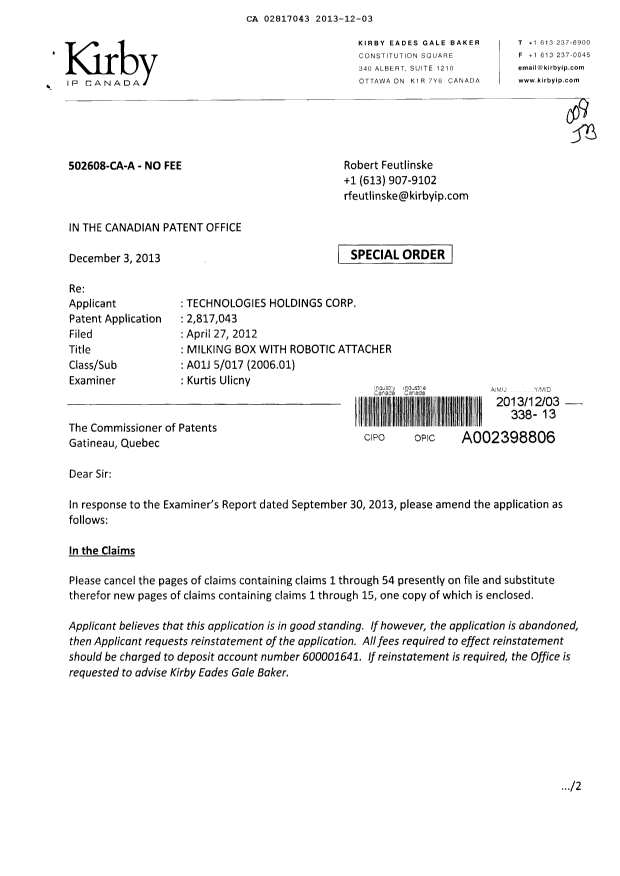 Canadian Patent Document 2817043. Prosecution-Amendment 20121203. Image 1 of 5