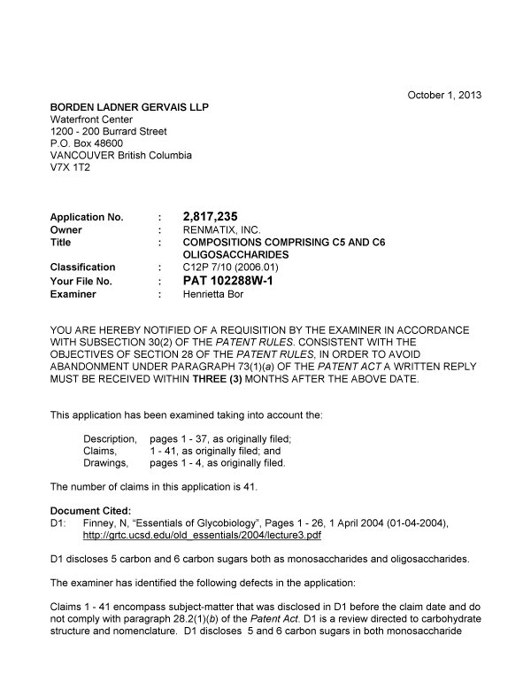 Canadian Patent Document 2817235. Prosecution-Amendment 20121201. Image 1 of 3