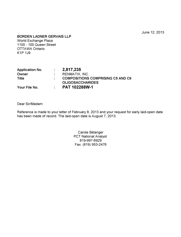 Document de brevet canadien 2817235. Correspondance 20121212. Image 1 de 1