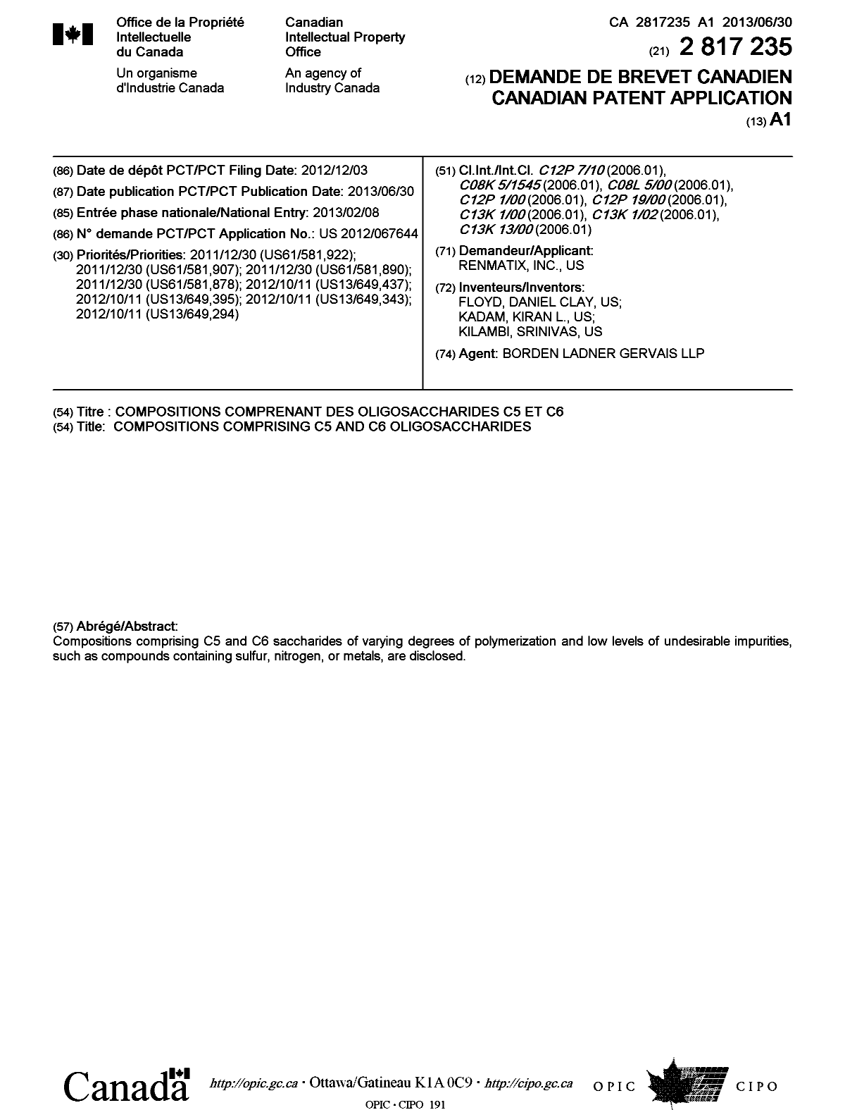 Canadian Patent Document 2817235. Cover Page 20121227. Image 1 of 1