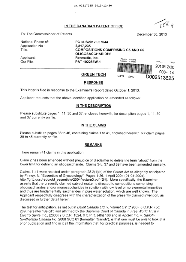 Canadian Patent Document 2817235. Prosecution-Amendment 20121230. Image 1 of 18