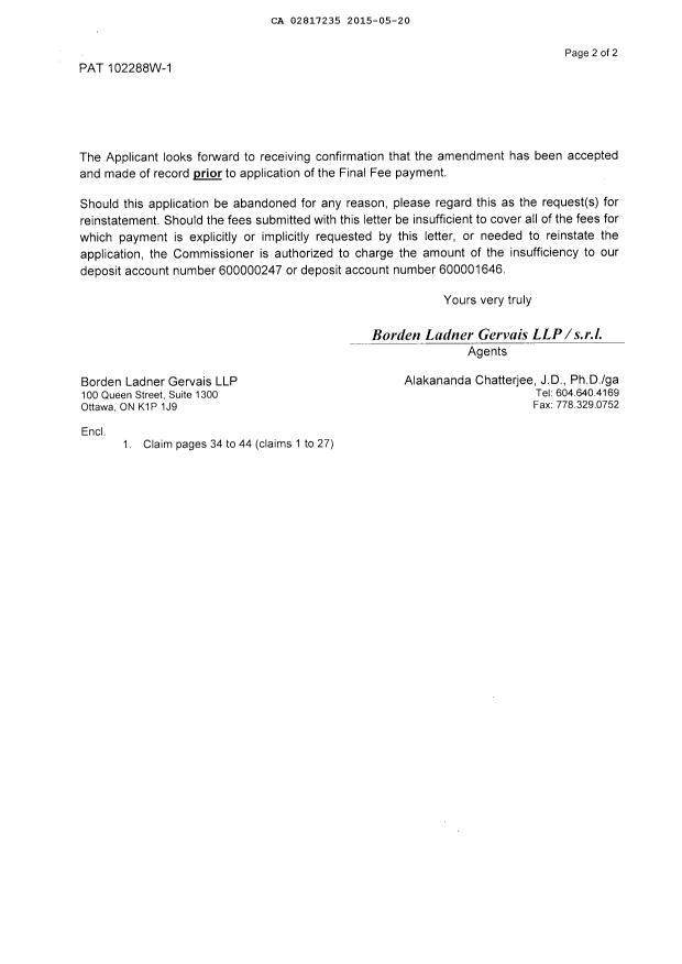 Document de brevet canadien 2817235. Correspondance 20141220. Image 2 de 2
