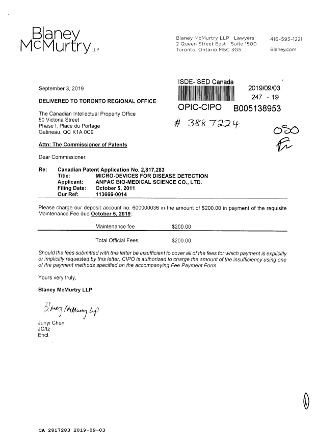 Canadian Patent Document 2817283. Maintenance Fee Payment 20190903. Image 1 of 1