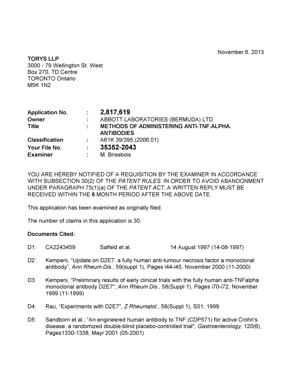 Canadian Patent Document 2817619. Prosecution-Amendment 20121206. Image 1 of 7