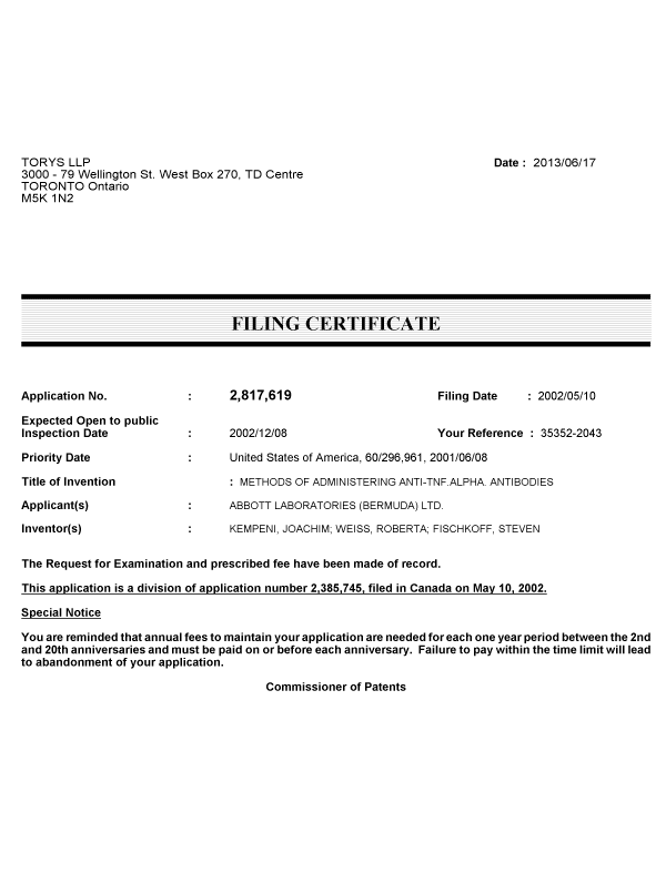 Canadian Patent Document 2817619. Correspondence 20121217. Image 1 of 1