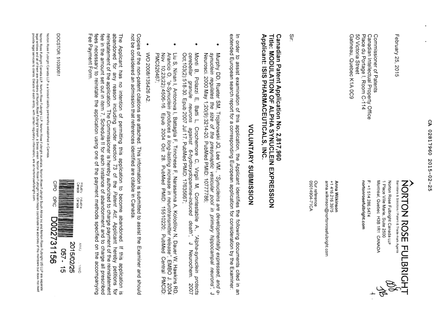 Canadian Patent Document 2817960. Prosecution-Amendment 20150225. Image 1 of 2