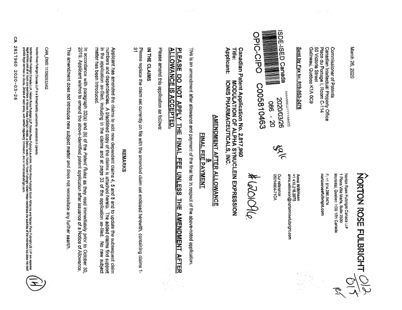 Canadian Patent Document 2817960. Amendment after Allowance 20200326. Image 1 of 14