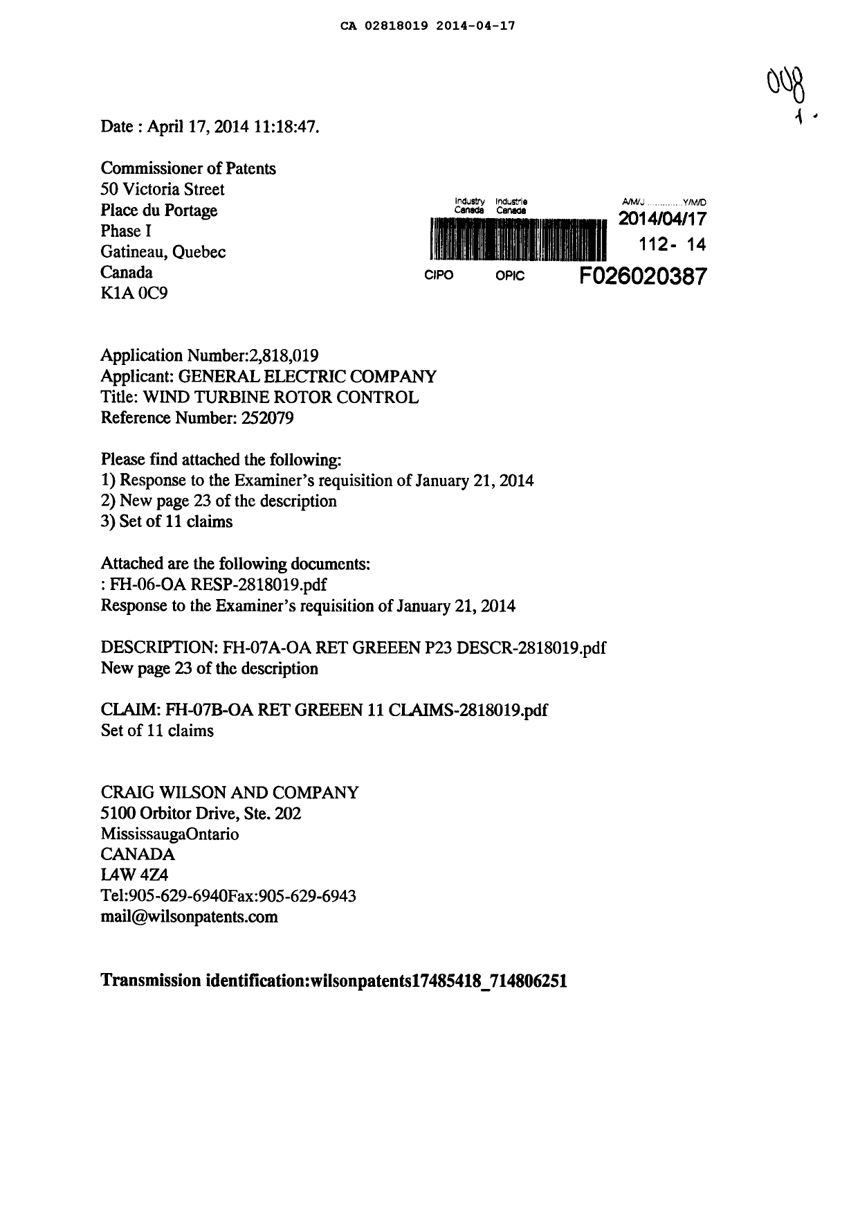 Document de brevet canadien 2818019. Poursuite-Amendment 20131217. Image 1 de 6