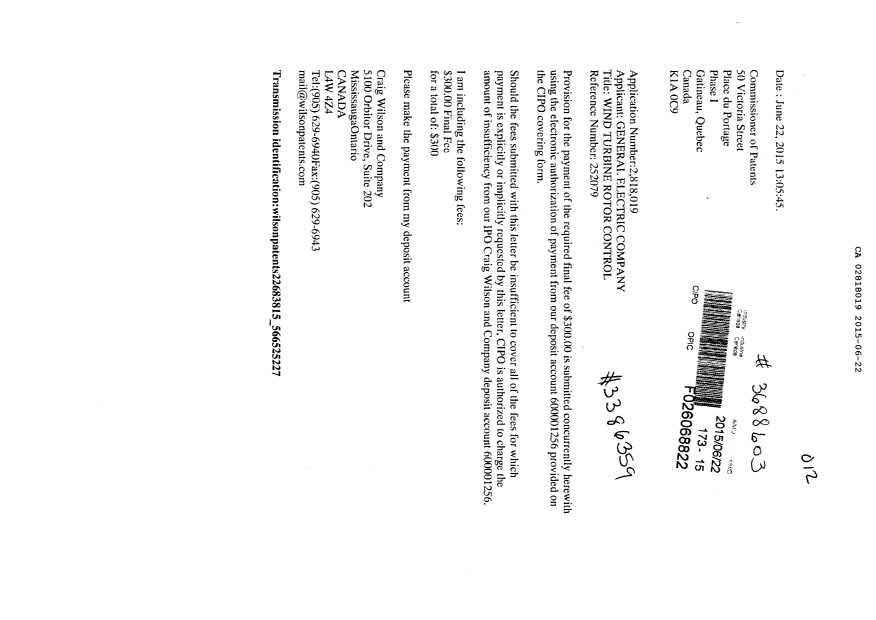 Document de brevet canadien 2818019. Correspondance 20141222. Image 1 de 1