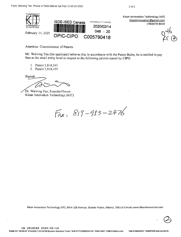 Canadian Patent Document 2818045. Small Entity Declaration 20200214. Image 1 of 2