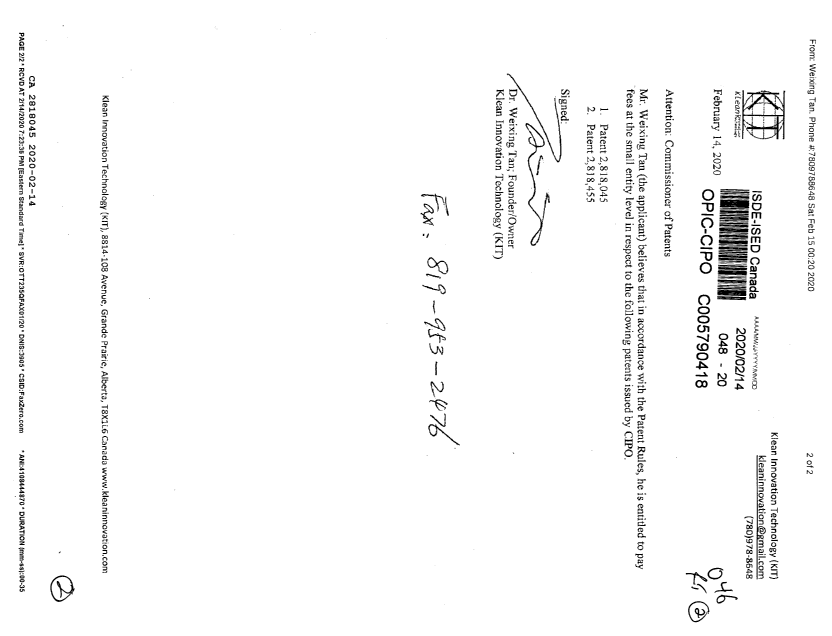 Canadian Patent Document 2818045. Small Entity Declaration 20200214. Image 1 of 2