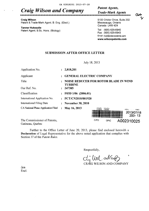 Canadian Patent Document 2818201. Correspondence 20121218. Image 1 of 2