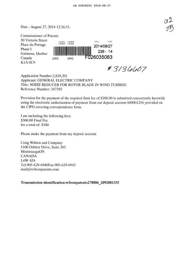 Document de brevet canadien 2818201. Correspondance 20131227. Image 1 de 1