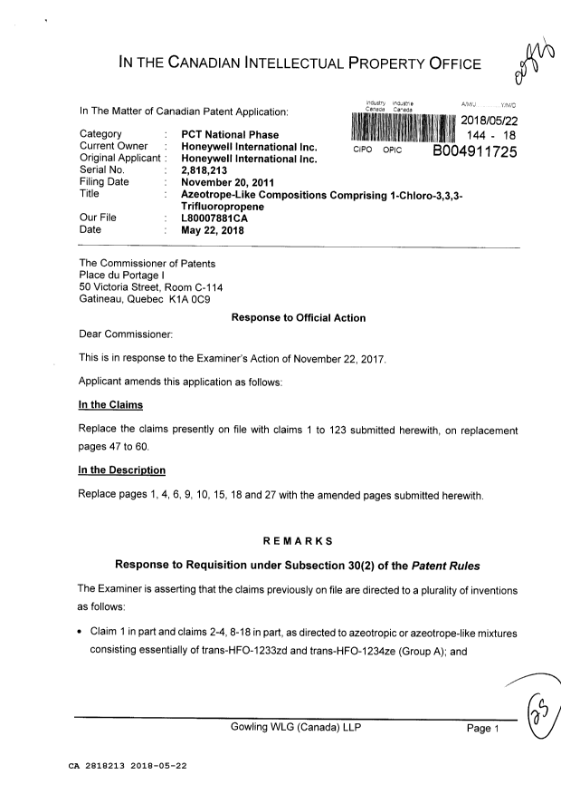 Canadian Patent Document 2818213. Amendment 20180522. Image 1 of 25