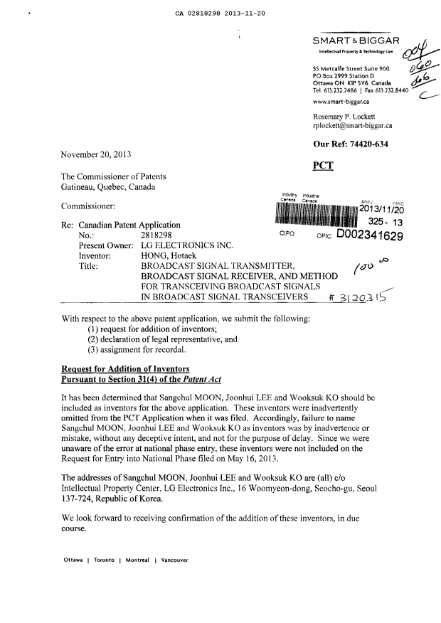 Canadian Patent Document 2818298. Correspondence 20131120. Image 1 of 8