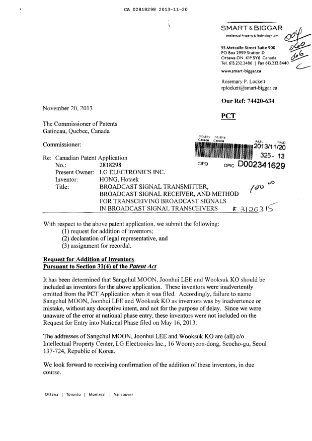 Canadian Patent Document 2818298. Assignment 20131120. Image 1 of 4