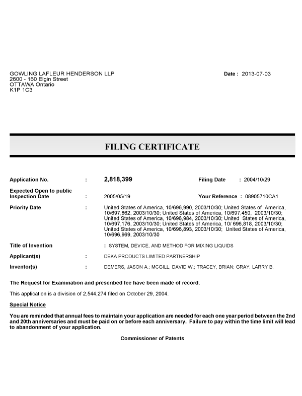 Document de brevet canadien 2818399. Correspondance 20130703. Image 1 de 1
