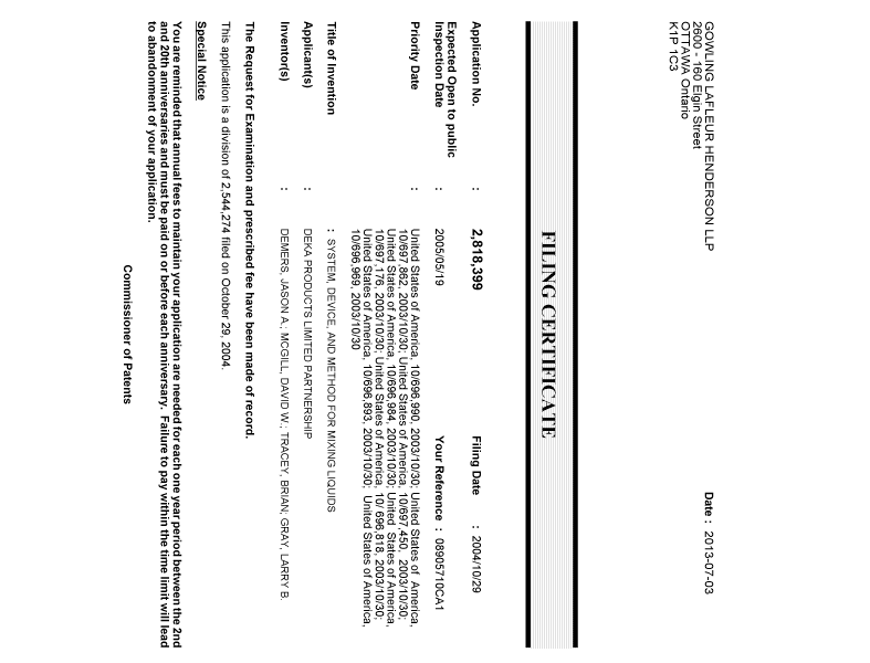 Canadian Patent Document 2818399. Correspondence 20130703. Image 1 of 1