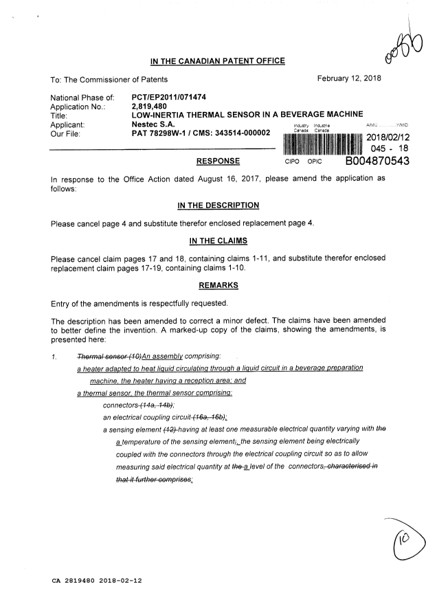 Canadian Patent Document 2819480. Amendment 20180212. Image 1 of 10