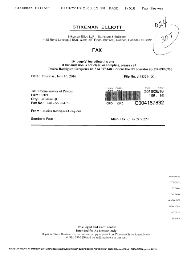Document de brevet canadien 2819778. Correspondance 20160616. Image 1 de 16
