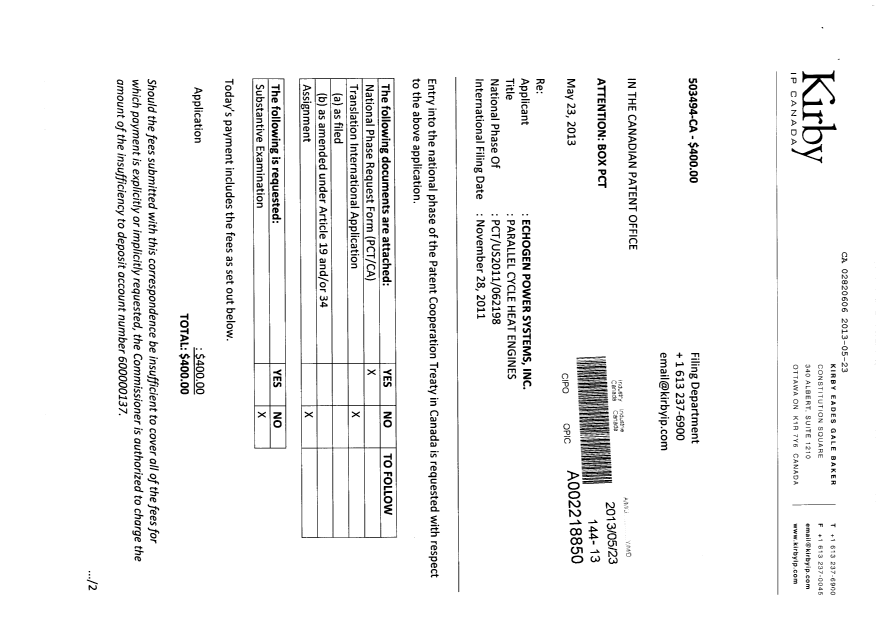 Canadian Patent Document 2820606. Assignment 20130523. Image 1 of 4