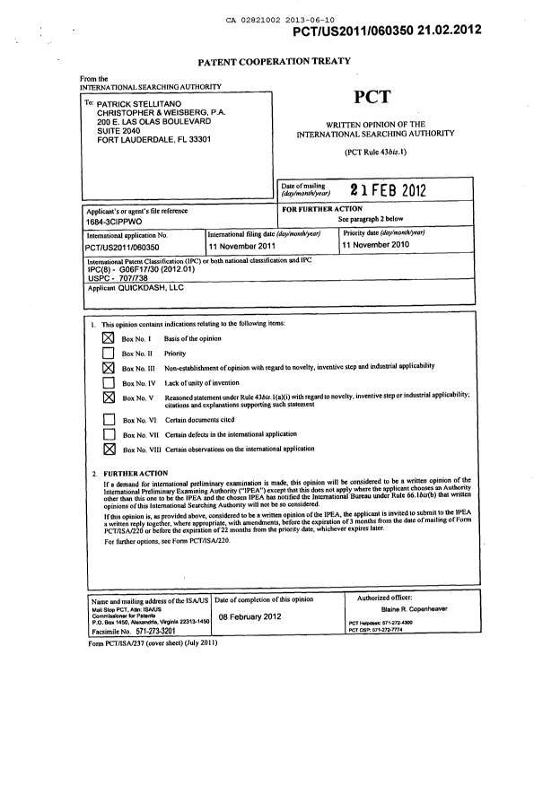 Document de brevet canadien 2821002. PCT 20121210. Image 1 de 24