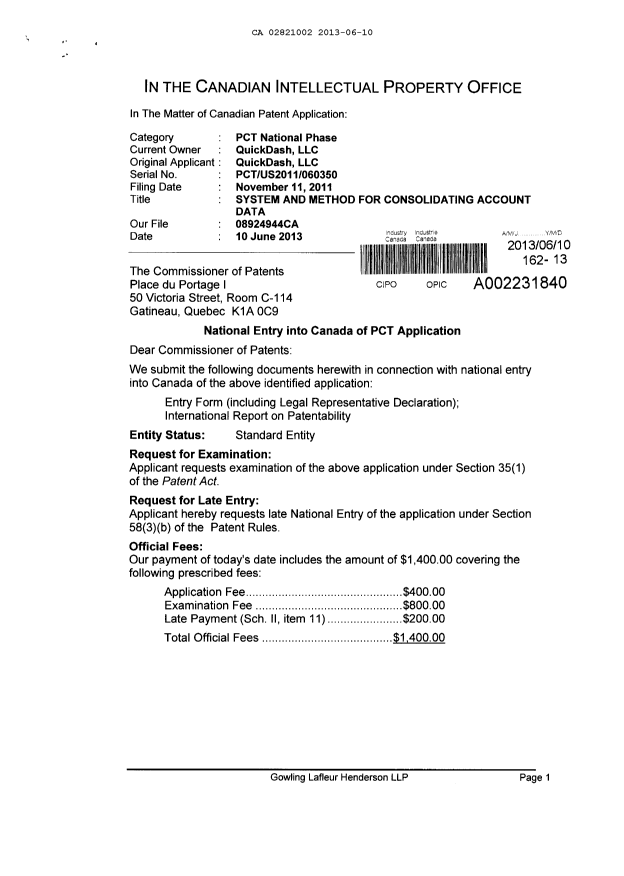 Canadian Patent Document 2821002. Assignment 20121210. Image 1 of 3