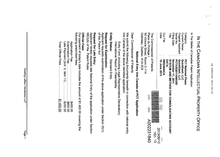 Document de brevet canadien 2821002. Cession 20121210. Image 1 de 3