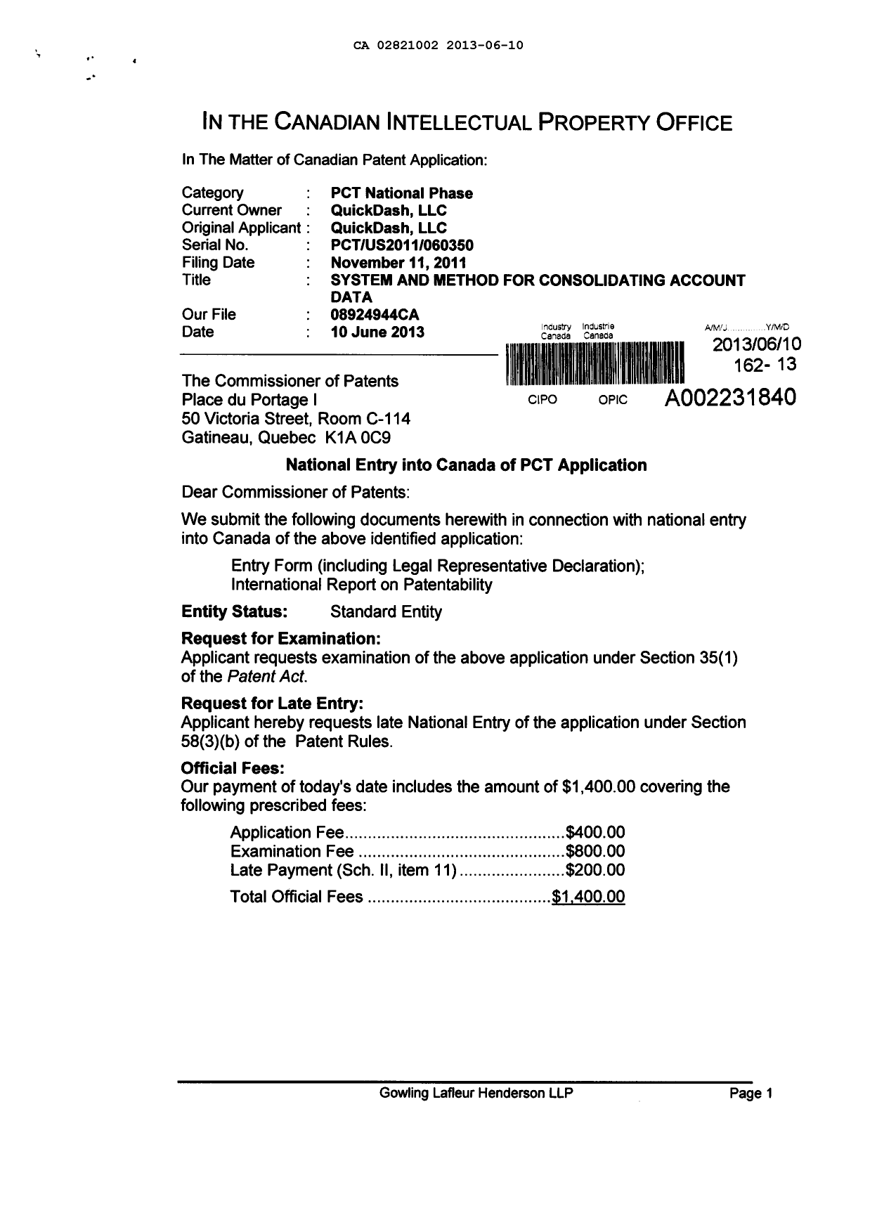 Document de brevet canadien 2821002. Cession 20121210. Image 1 de 3