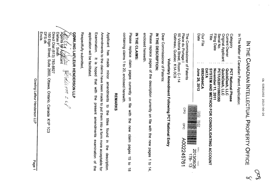 Document de brevet canadien 2821002. Poursuite-Amendment 20121226. Image 1 de 19