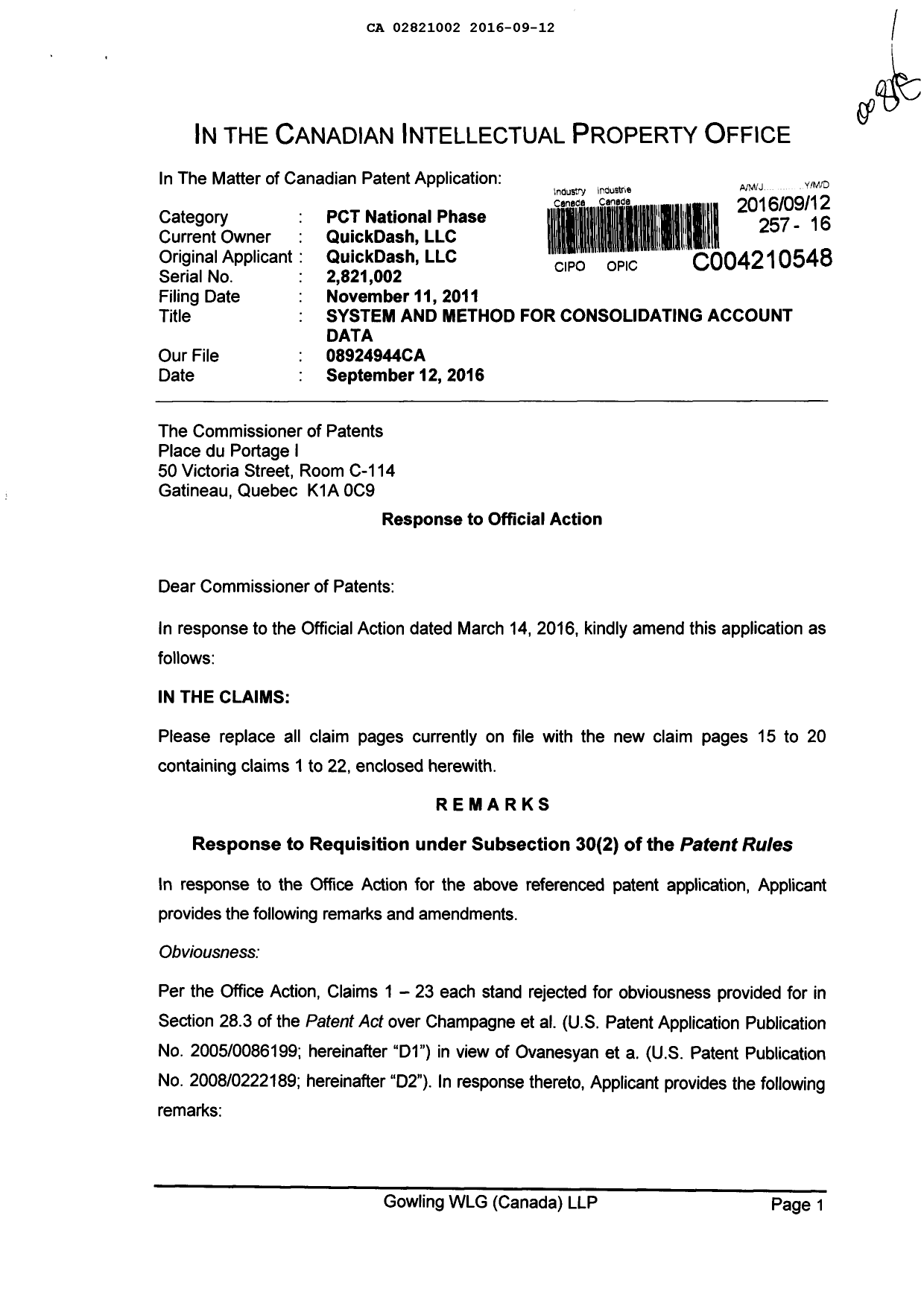 Canadian Patent Document 2821002. Prosecution-Amendment 20151212. Image 1 of 12