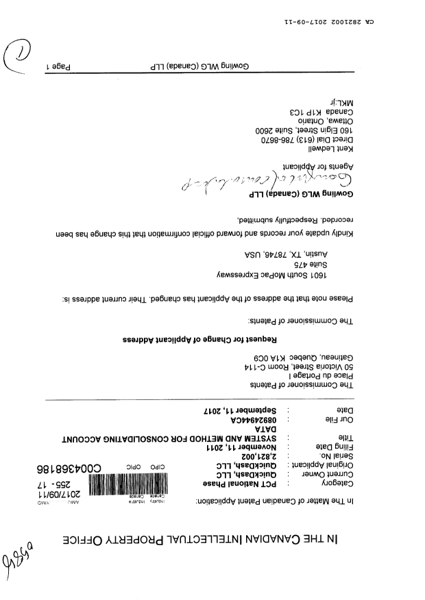 Document de brevet canadien 2821002. Correspondance 20161211. Image 1 de 1