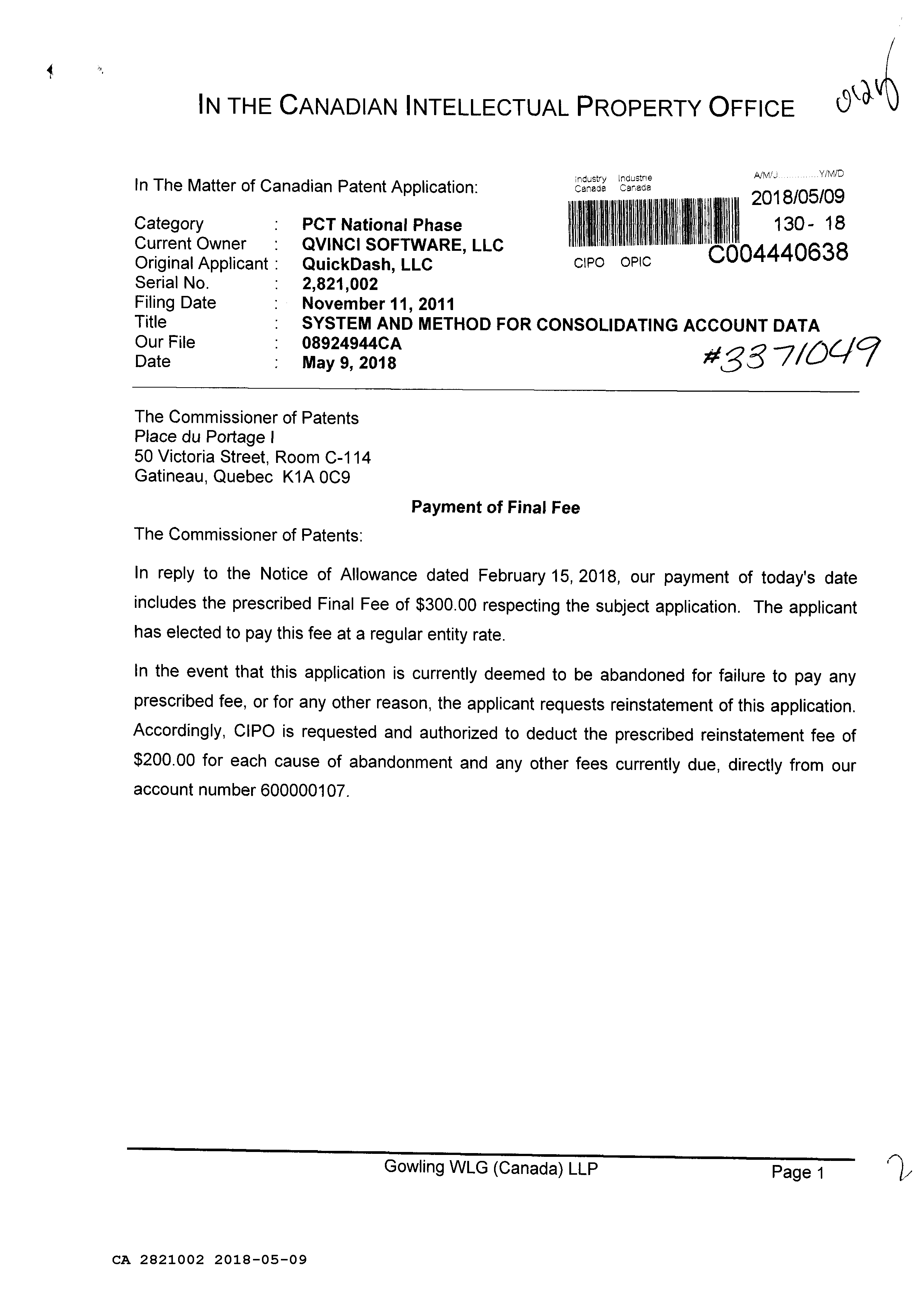 Canadian Patent Document 2821002. Correspondence 20171209. Image 1 of 2