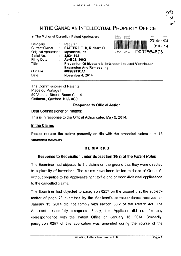 Canadian Patent Document 2821193. Prosecution-Amendment 20131204. Image 1 of 4