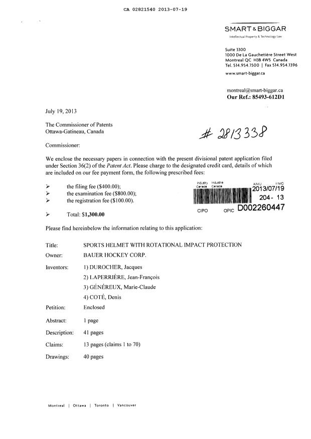 Document de brevet canadien 2821540. Cession 20130719. Image 1 de 8