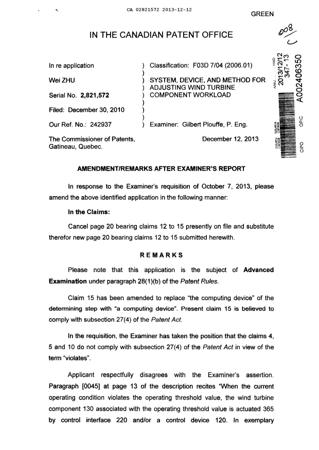 Document de brevet canadien 2821572. Poursuite-Amendment 20121212. Image 1 de 6