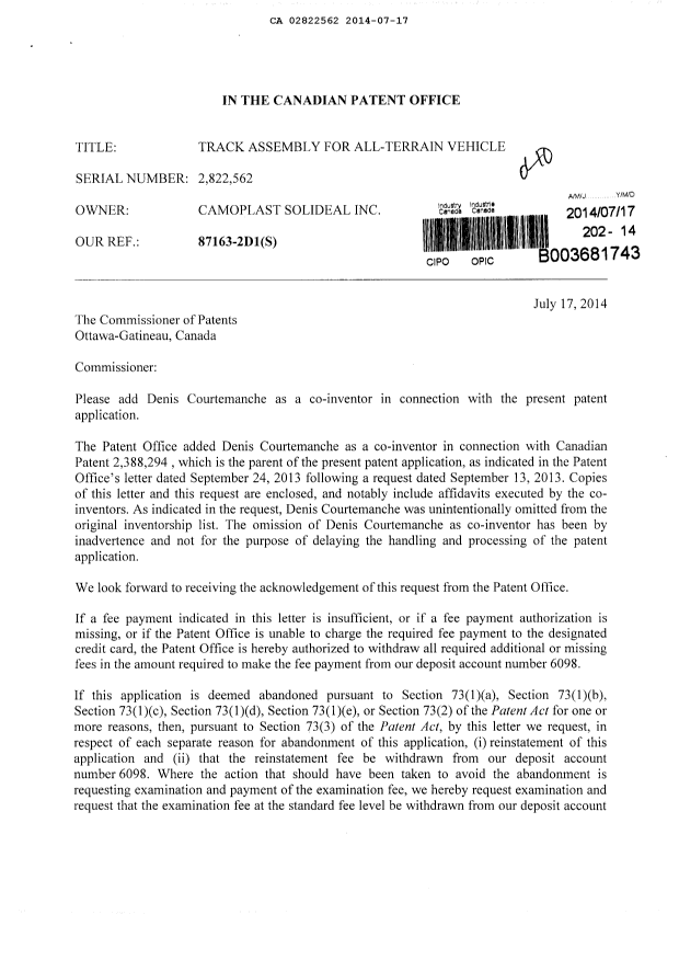 Canadian Patent Document 2822562. Correspondence 20131217. Image 1 of 11