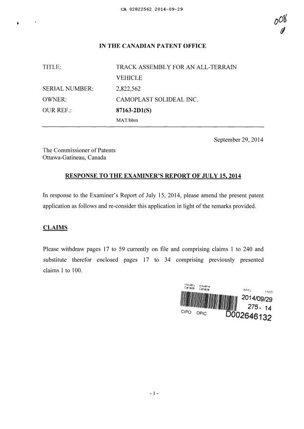 Canadian Patent Document 2822562. Prosecution-Amendment 20131229. Image 1 of 23