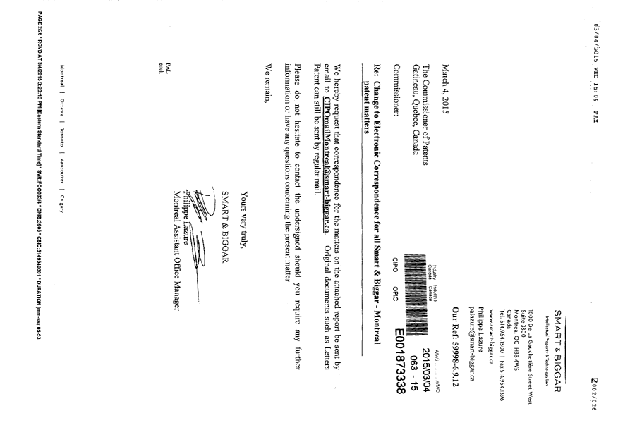 Document de brevet canadien 2822562. Correspondance 20141204. Image 1 de 3