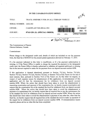 Document de brevet canadien 2822562. Correspondance 20141227. Image 1 de 2