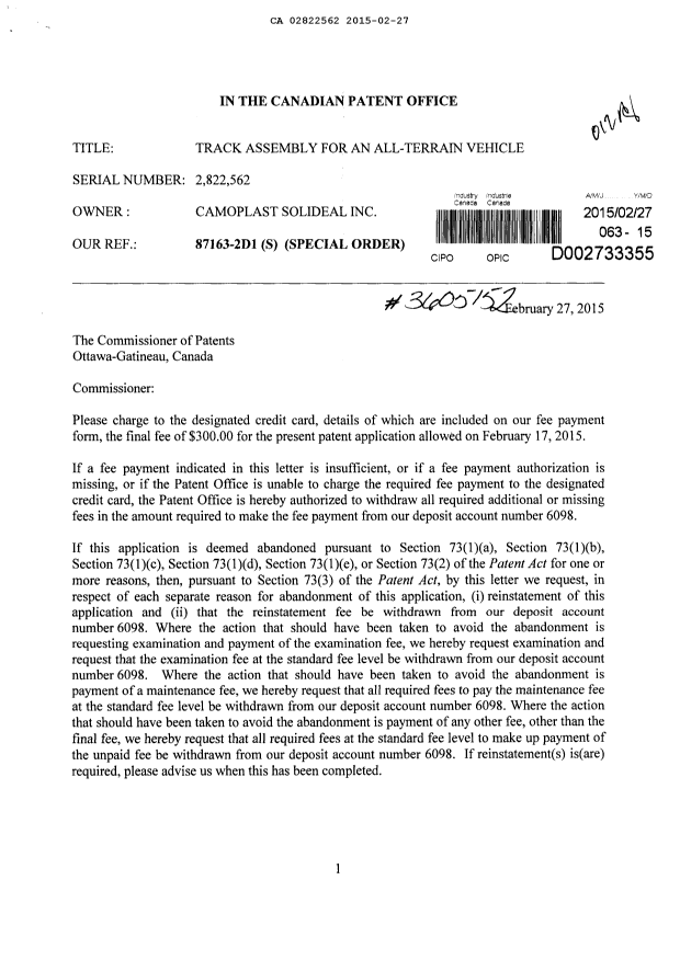 Canadian Patent Document 2822562. Correspondence 20141227. Image 1 of 2