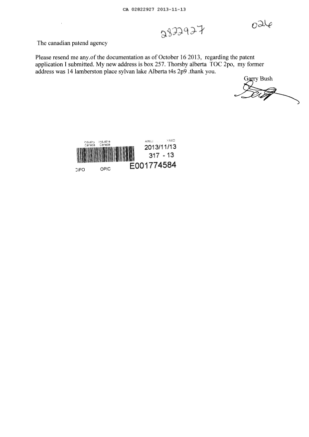 Document de brevet canadien 2822927. Correspondance 20121213. Image 1 de 1