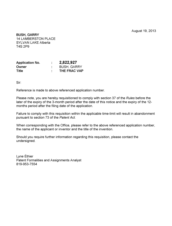 Document de brevet canadien 2822927. Correspondance 20130819. Image 1 de 1