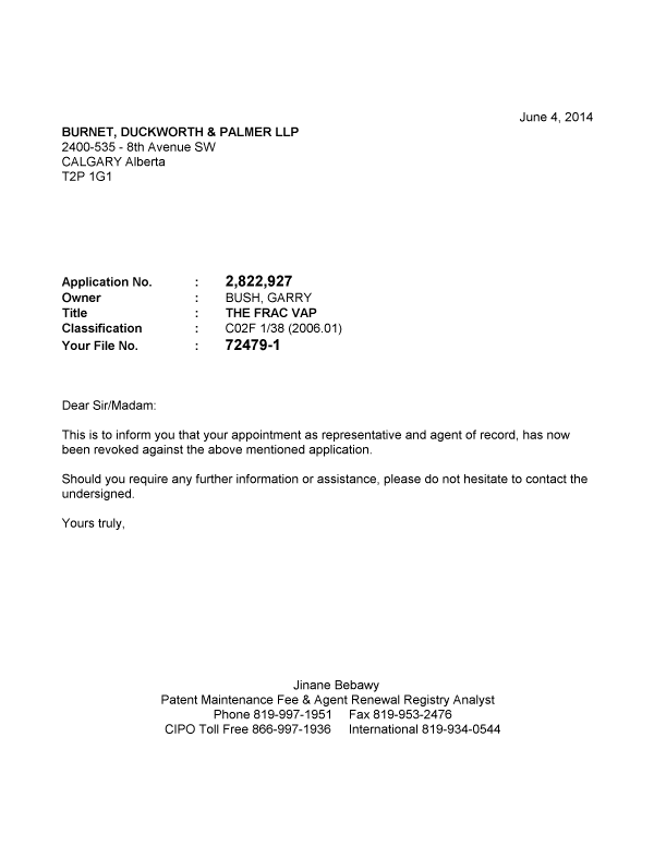 Document de brevet canadien 2822927. Correspondance 20131204. Image 1 de 1