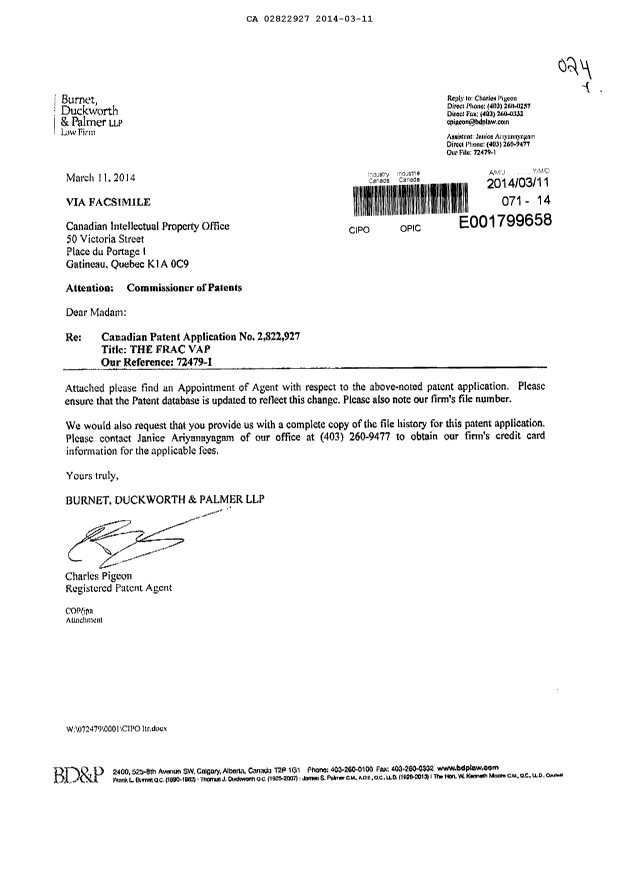 Document de brevet canadien 2822927. Correspondance 20131211. Image 1 de 3