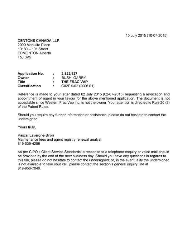Document de brevet canadien 2822927. Correspondance 20141210. Image 1 de 1