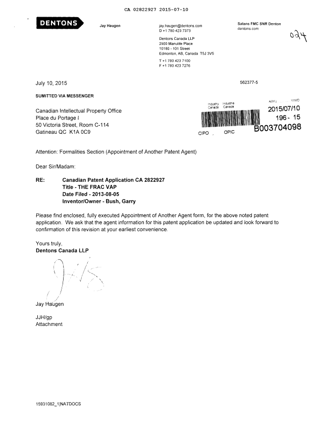 Document de brevet canadien 2822927. Correspondance 20141210. Image 1 de 2