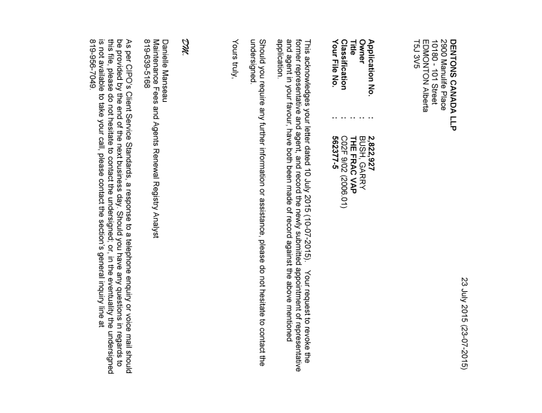 Document de brevet canadien 2822927. Lettre du bureau 20150723. Image 1 de 1