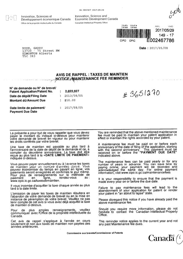 Document de brevet canadien 2822927. Taxes 20161229. Image 1 de 1