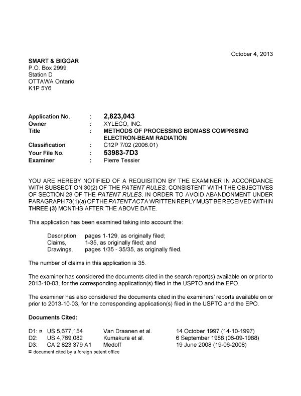 Canadian Patent Document 2823043. Prosecution-Amendment 20121204. Image 1 of 3